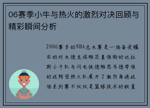 06赛季小牛与热火的激烈对决回顾与精彩瞬间分析