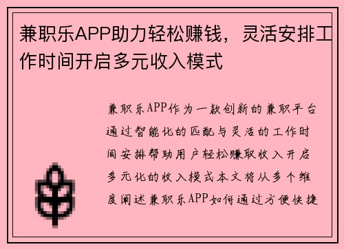 兼职乐APP助力轻松赚钱，灵活安排工作时间开启多元收入模式