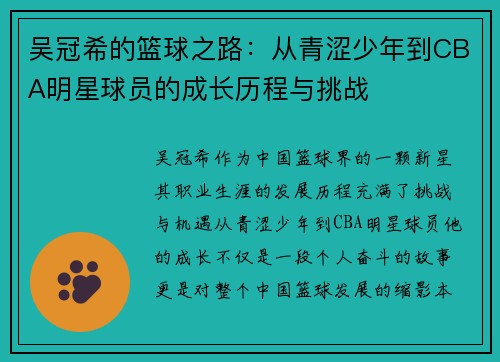 吴冠希的篮球之路：从青涩少年到CBA明星球员的成长历程与挑战