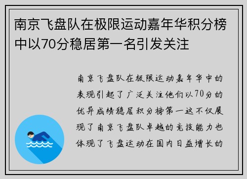 南京飞盘队在极限运动嘉年华积分榜中以70分稳居第一名引发关注