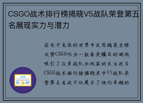 CSGO战术排行榜揭晓V5战队荣登第五名展现实力与潜力