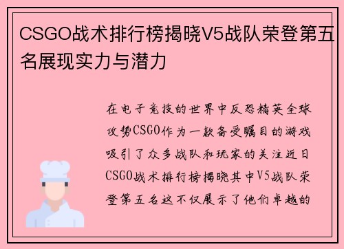 CSGO战术排行榜揭晓V5战队荣登第五名展现实力与潜力