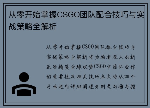 从零开始掌握CSGO团队配合技巧与实战策略全解析