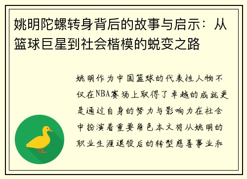姚明陀螺转身背后的故事与启示：从篮球巨星到社会楷模的蜕变之路