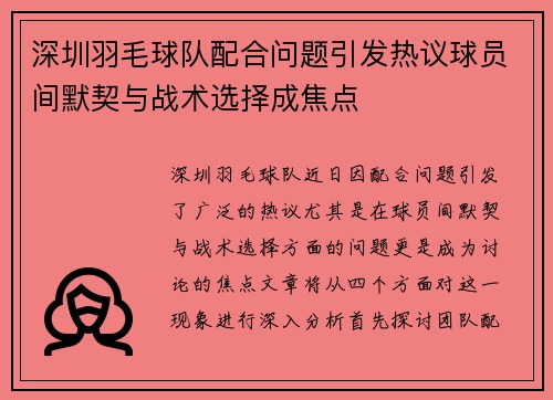 深圳羽毛球队配合问题引发热议球员间默契与战术选择成焦点