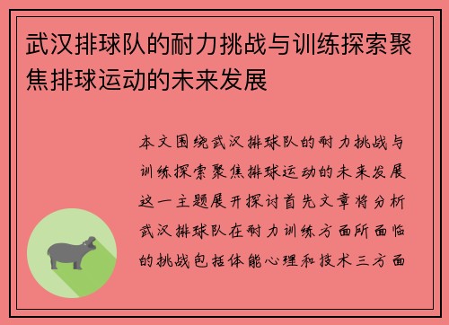 武汉排球队的耐力挑战与训练探索聚焦排球运动的未来发展